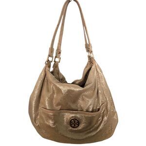 Tory Burch Lotus Metallic Gold Leather Suede Hobo Shoulder Bag
